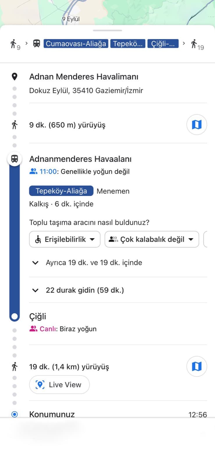 Adnan Menderes Havalimanı – İzmir Can Hastanesi toplu taşıma rotası
