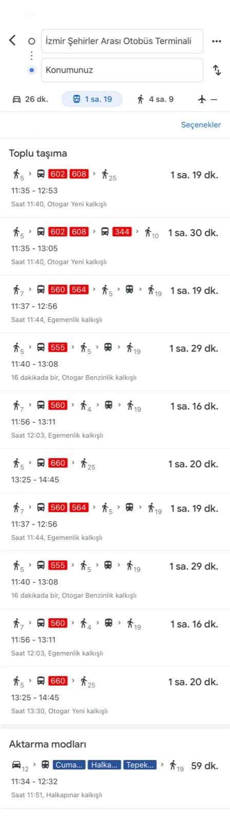 İzmir Şehirler Arası Otobüs Terminali – İzmir Can Hastanesi toplu taşıma rotası