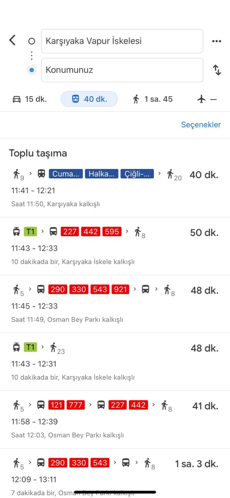 Karşıyaka Vapur İskelesi – İzmir Can Hastanesi toplu taşıma rotası